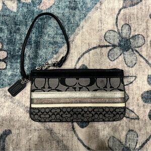 Coach Black, silver,bronze,cream vertical stripes,leather,suede, canvas wristlet